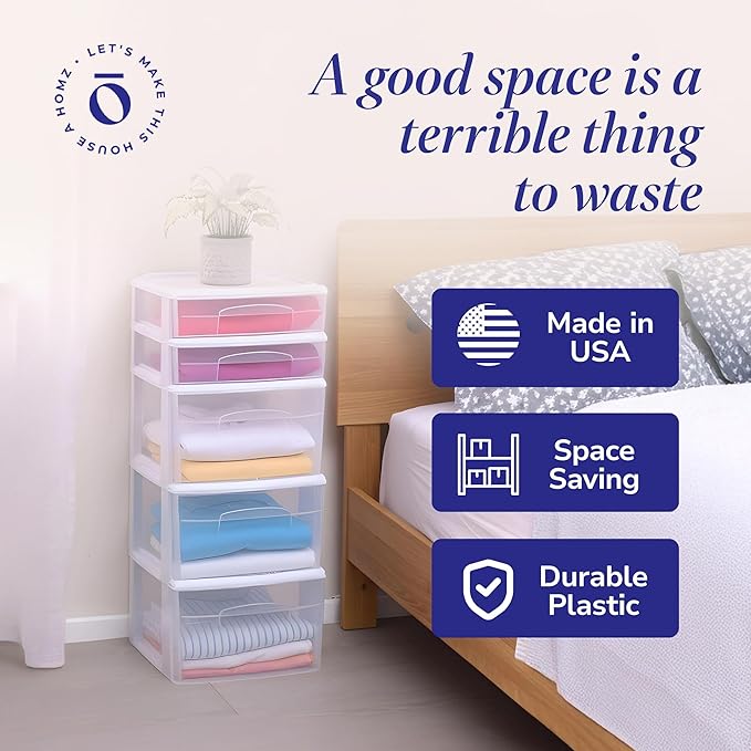 HOMZ 5-Drawer Storage Cart, Clear Plastic Drawers, 14.25" Wide Medium, White Frame - Organizing Drawer Containers for Home, Bathroom, Office, and Classroom