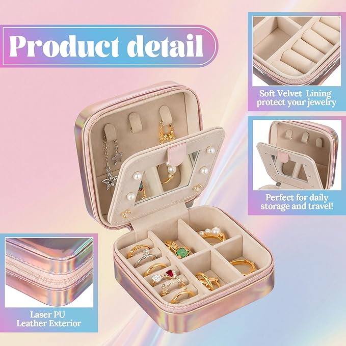 Nosiny 2 Pack Travel Jewelry Case with Mirror Small Laser Jewelry Box Organizer Gifts for Mother's Day Women Rings Earrings(Sakura Pink and Pastel Color)