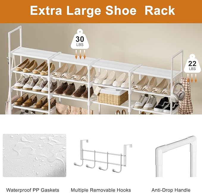 WOWLIVE 4 Row 9 Tiers Extra Large Shoe Rack Big Tall Metal Shoe Shelf, Heavy Duty Organizer for Closet Entryway, Boot Rack Storage Stackable Stand for Garage White