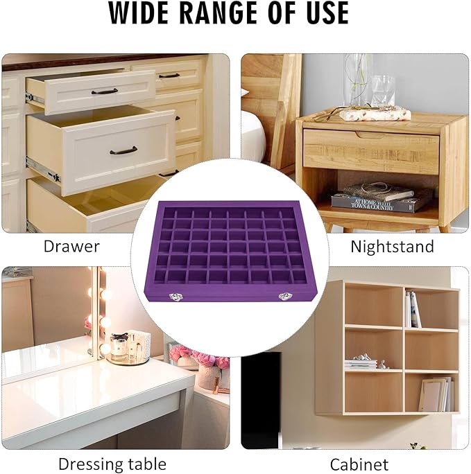 Siveit Velvet Jewelry Tray 48 Grid Jewelry Display Tray Organizer Box with Transparent Lid Rings Earrings Necklaces Pendants Display Box Suitable for Women and Girls (Purple)