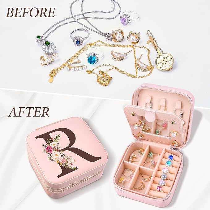 Inngeroo Small Travel Jewelry Case for Girls Women, Travel Jewelry Box Organizer Personalized Pink Gifts for Wife Mom, Gift for Friend Sister Grandma Aunt, Initial R
