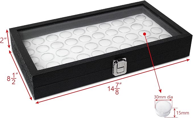 MOOCA Glass Top Jewelry Display Case with Removable 50 Gem Jars, Removable Liner, Ring, Earring Diamond Showcase, Gem Box, Jewelry Organizer, Leatherette-Wrapped Case