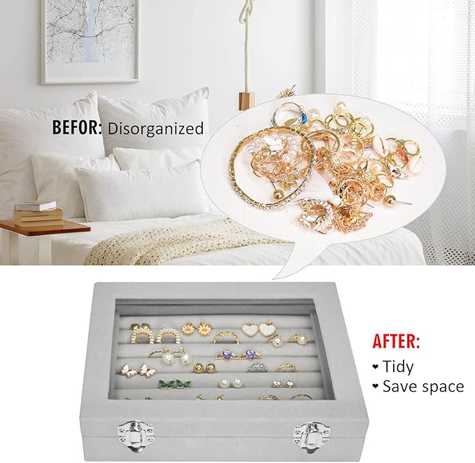 Vicoter Rings Organizer Tray 7 Slots Velvet Jewelry Earring Storage Box with Transparent lid Jewelry Display Case for Girls Wife Mom Women (Grey)