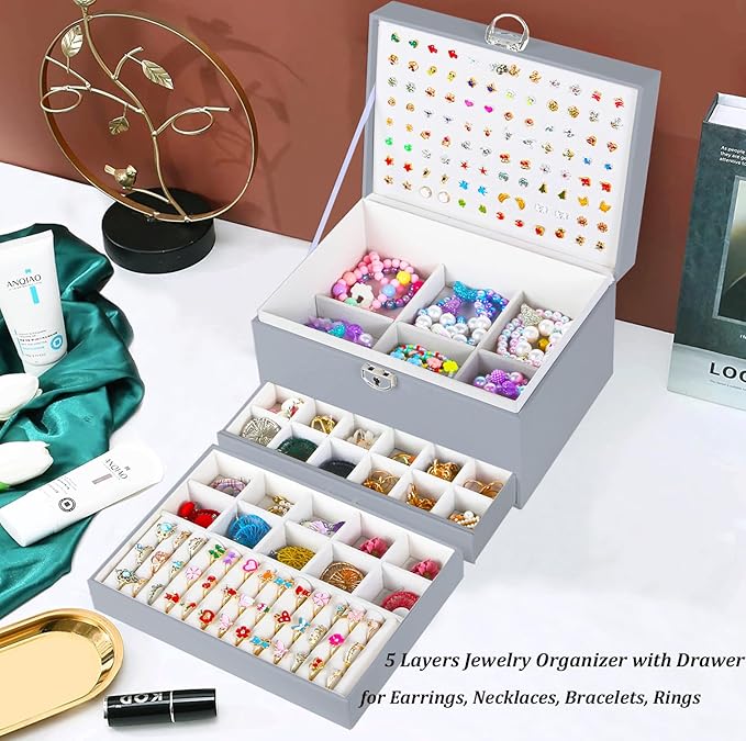 QBestry Earring Jewelry Box for Women Girls Stud Organizers, 5 Layers Grey Jewelry Organizer Box with Lock Necklaces and Earrings Holder Jewelry Box with Earring Organizer for Women Girls Xmas Gifts