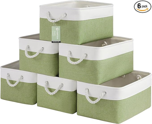 Large Storage Baskets- 15.7x11.8x8.26 inch Storage Bins for Shelves and Closet Organizing, Foldable Fabric Bin for Home Organization Clothes and Laundry (6-Pack, White&Green)