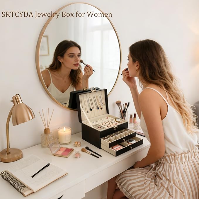 SRTCYDA Jewelry Box for Women, Large PU Leather jewelry organizers and storage, 3-Layer Jewelry Storage with 2 Drawers, Space-Saving Design for Vanity, Holds All Types of Jewelry (Black)