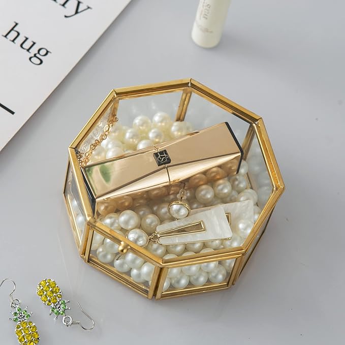 Glass Vintage Jewelry Box, Golden Geometric Jewelry Display Organizer Box Vanity Lidded Box Home Decor Accent Decorative Box for Storage Trinket Rings Bracelet