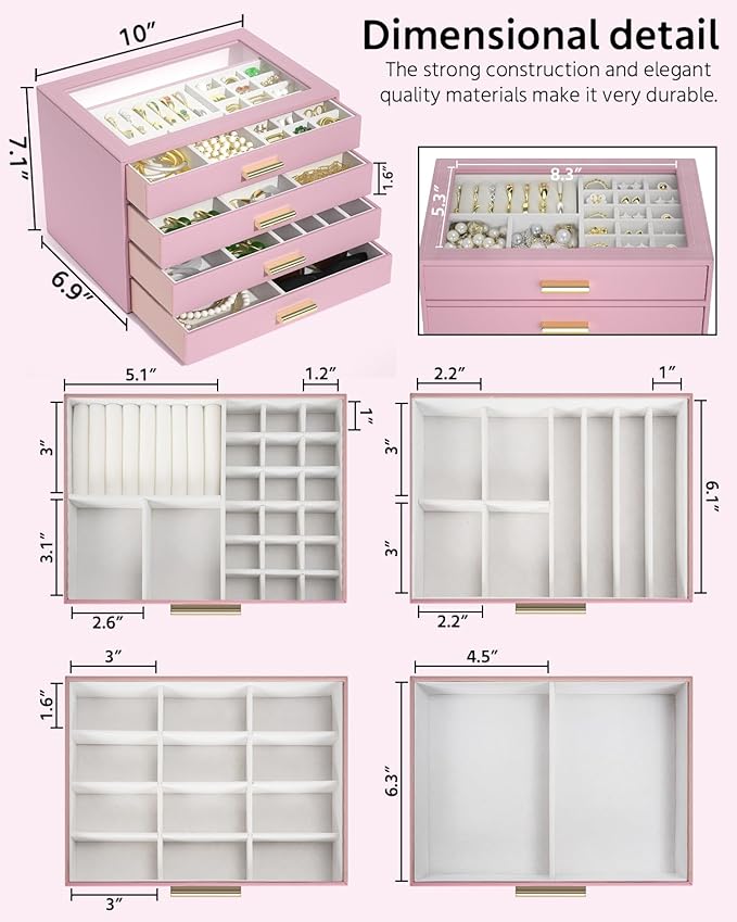 AKOZLIN Jewelry Box with Clear Lid Functional Leather Jewelry Storage Organizer Case 4 Drawers for Women Girls Necklace Ring Bracelet Earring