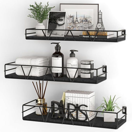Amaoot Floating Shelves Set of 3, Home Wood Wall Shelf, Farmhouse Shelf for Bedroom, Wall Mounted Floating Shelf for Living Room, Bedroom, Bathroom, Kitchen, Office (Black 2)