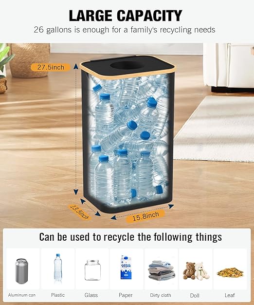 Recycling Bins for Kitchen, 26 Gallon (100L) Recycle Bin with lid, Indoor Oxford Fabric Recycling Trash Can with 2 Pack Removeable and Reusable Inner Bags for Bottle Can Glass Plastic Sticker, Black