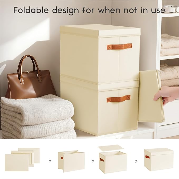 Homsorout Storage Bins with Lids - Fabric Storage Baskets for Shelves, 4 Pack Foldable Decorative Boxes with Handles, Stackable Organizer Bins for Home, Nursery, Dorm, Beige