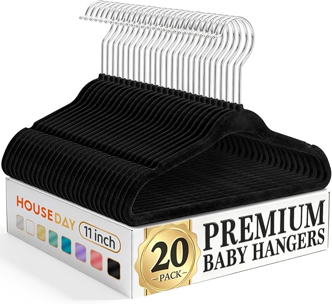 HOUSE DAY 11 Inch Black Velvet Baby Hangers 20 Pack, Premium Kids Hangers for Children, Infant & Toddler Clothes, Durable Non Slip Baby Felt Hanger for Closet, Ideal for Everyday Use