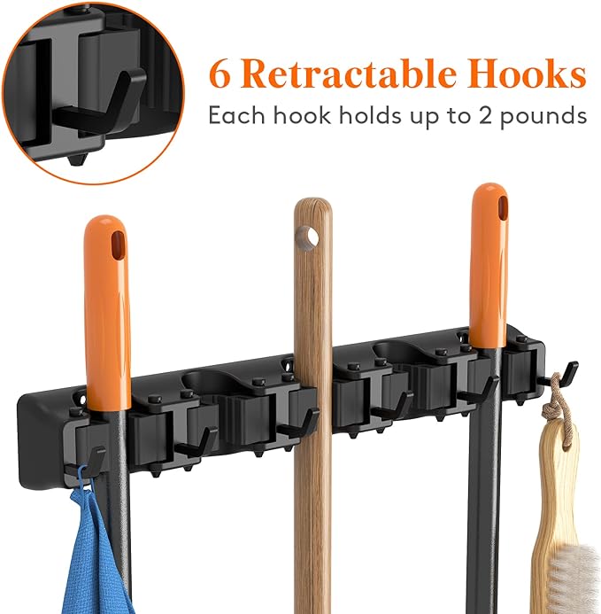 Lifewit Mop and Broom Holder Wall Mount, Anti-Slip Broom Hanger for Cleaning Supplies Organizer, Easy Install Tool Hanging Rack for Closet, Kitchen, Garage, 5 Slot 6 Hooks, Hold 30lbs, Black, 2 Pack