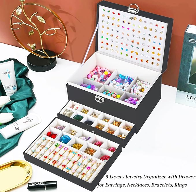 QBestry Earring Jewelry Box for Women Girls Stud Organizer, 5 Layers Black Jewelry Organizer Box With Lock Necklaces and Earrings Holder Jewelry Box with Earring Organizxer for Women Girls Xmas Gifts
