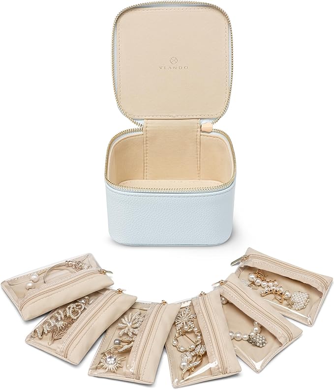 Vlando Jewelry Travel Case,Travel Jewelry Organizer with Clear Velvet Jewelry Bags 6Pcs Zipper Pouch for Women Wedding,Birthday Gift-Baby Blue