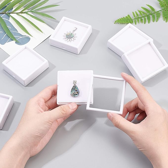 BENECREAT 10PCS White Gemstone Display Box Square Acrylic Jewelry Box Container(2.4x2.4x0.8) with Clear Top Lids and Sponge Inside for Gems, Jewelry Packing