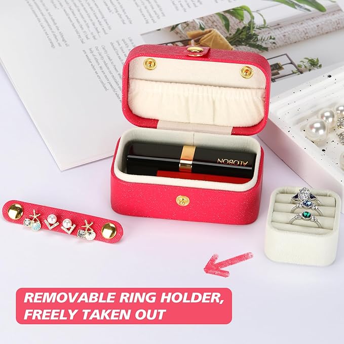 KUKUVR Small Travel Jewelry Box, Mini Jewelry Holder for Multiple Rings Necklace Earrings Lipstick, Portable Jewelry Storage Organizer Case with Removable Ring Slot (RED)