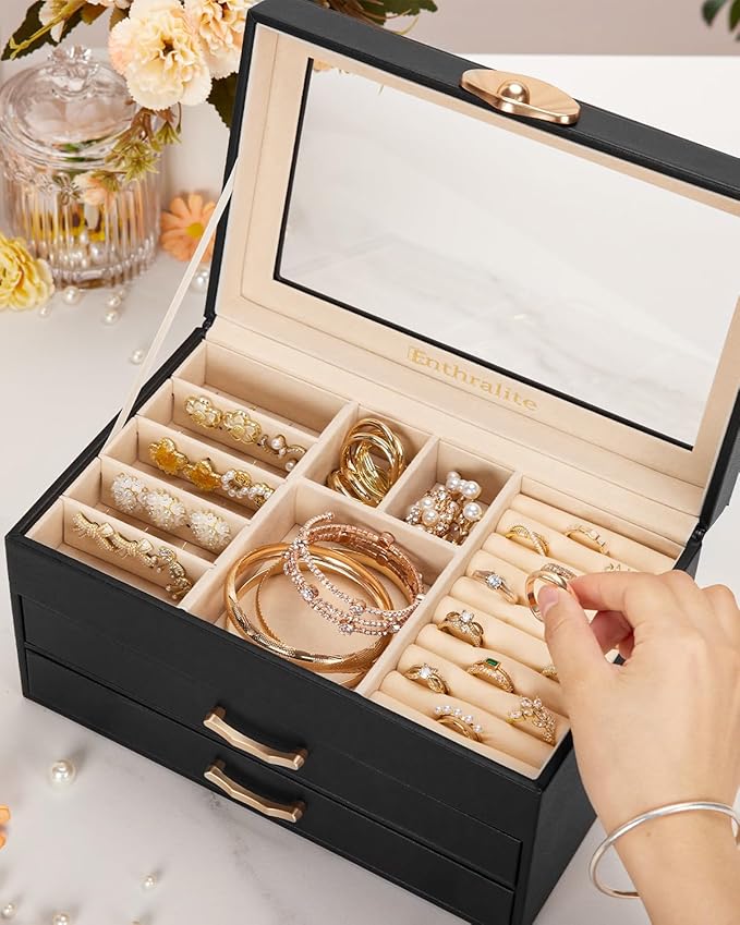 Enthralite Jewelry Box with 2 Drawers : Jewelry Display Organizer for Earrings Necklaces - Gift for Girls Women | Black