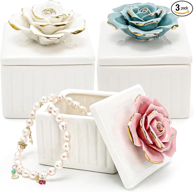 ZOOFOX 3 Pack Vintage Jewelry Box, Small Elegant Embossed Jewelry Holder with Lid and Rose-Shaped Knob, Ceramic Trinket Organizer for Women, Ring, Earrings, Necklace