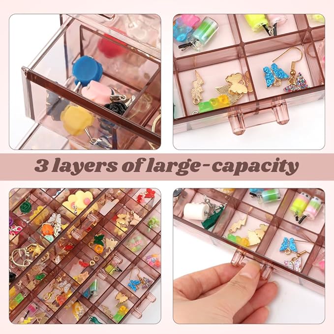 Jewelry Organizer, Earring Holder Organizer Box with 3 Layers, 72 Grids Earring Case, Craft Storage Containers for Nail Charms, Ring, Earrings(Tan)