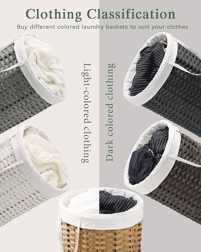 SETVSON Large Laundry Hamper Laundry Basket Round 34.3 Gal (130 L) Handwoven Wicker Laundry Baskets Rattan Laundry Basket with Laundry Bag Handles 2 Mesh Bags for Living Room Bedroom Black
