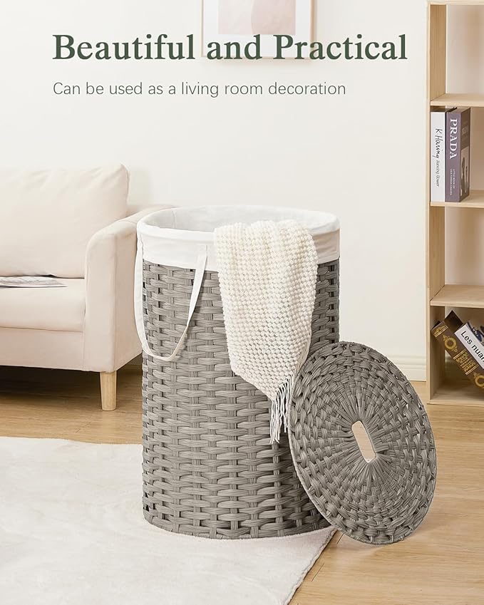 SETVSON Large Laundry Hamper Laundry Basket Round 34.3 Gal (130 L) Handwoven Wicker Laundry Baskets Rattan Laundry Basket with Laundry Bag Handles 2 Mesh Bags for Living Room Bedroom Gray