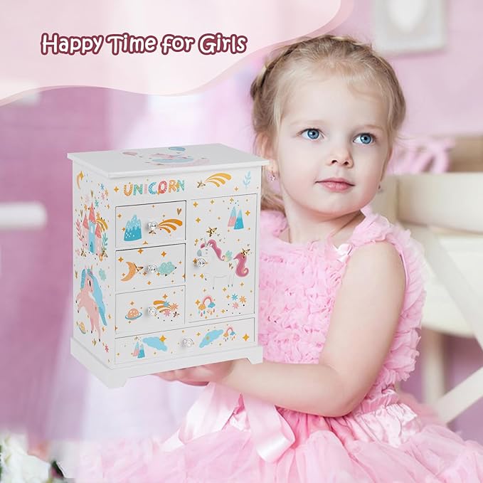 Large Jewelry Box for Girls 5-Layer Music Box with Swing Door Spinning Ballerina Unicorn Necklace & Bracelet Set Children Jewelry Organizer for Girls Kids Birthday Christmas Gift White