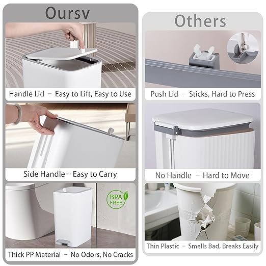 rejomiik Small Bathroom Trash Can with Lid, 3.2 Gallon Step Garbage Can with Handle, Slim Mini Wastebasket Bin for Bedroom, Office, Dorm, White