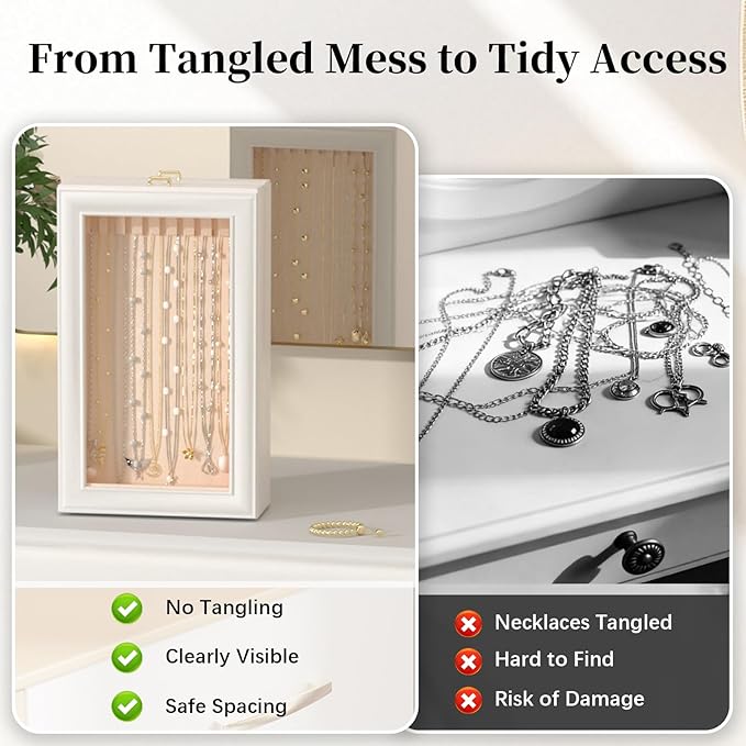 Necklace Organizer Box - 2-Layer Double-Sided Clear Lid Jewelry Storage Case, Anti-Tangle Necklaces Display Holder for Pendants Bracelets, Jewelry Organizer for Women Girls (White)