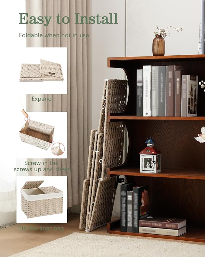 SETVSON Storage Basket with Lid Woven Wicker Baskets with 2 Separate Lid, 9.2 Gallon (35 L) Wicker Storage Bins with Handles, Foldable and 2 Removable Liner Bags for Bedroom, Laundry Room Light Khaki