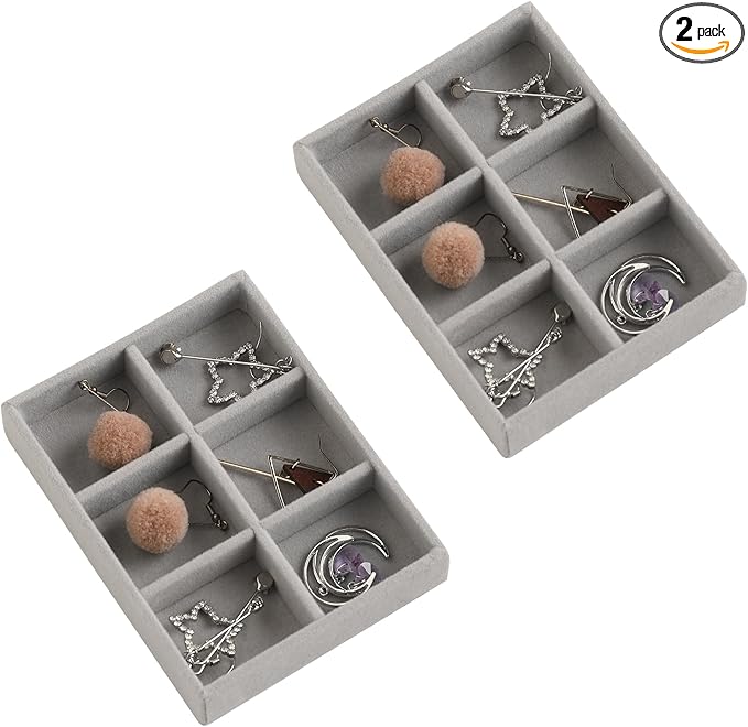 Frebeauty Small Jewelry Tray Set,Stackable Velvet Jewelry Organizer Tray,Mini Jewelry Drawer Organizer,Drawer Inserts,4.92 x 3.74 x 0.9 Inches,6 Grid Earring Organizer for Women(Set 2,Grey)