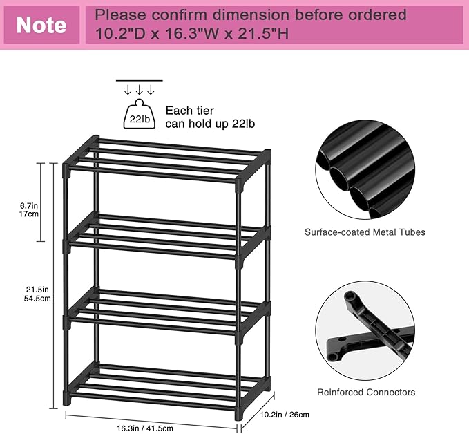 Autonomier 4 Tier Extra Small Shoe Rack (16.3" Wide), Narrow Stackable Shoe Shelf for Kids Toddler Adult, Lightweight Shoe Rack Stand for Closet Dorm Storage Organizer, Front Door Entrance, Entryway