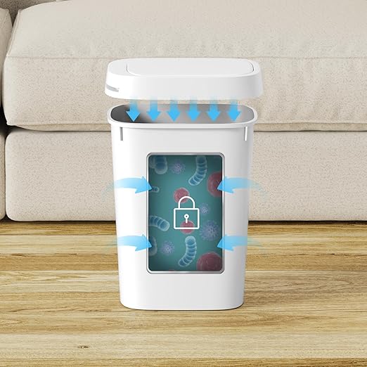 KSSKSS 3 Pack Bathroom Small Trash Can with Lid, 2.6 Gallon Slim Garbage Bin with Pop-Up Lid, 10L Plastic Wastebasket for Bedroom, Office, Kitchen, Toilet (White)