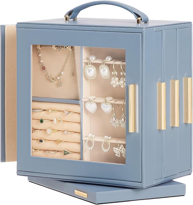 Homde Mothers Day Gifts Jewelry Box 360° Rotating, Necklace Earring Organizer with Transparent Window, Mirror, 7 Drawers, Large Ring Display Storage Case for Girls Women (Grey Blue)