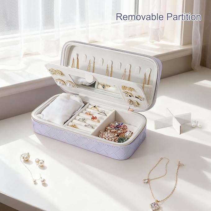 DesignSter Travel Jewelry Case, Woven Embossed PU Leather Jewelry Organizer with Mirror, Small Portable Jewelry Box for Women Rings Necklaces Bracelets Earrings