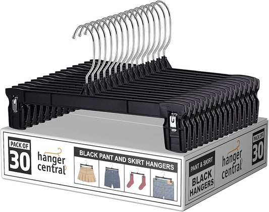 Hanger Central 30 Pack Pants Hangers Slim Plastic Clothes Hangers with Clips for Skirts, Shorts & Trousers – Non Slip Grip, Heavy Duty Space Saver with Swivel Hook – Black Closet Organizer - 12 Inch