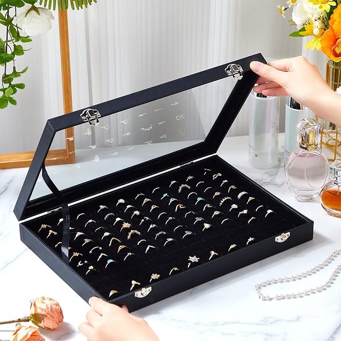 Yinkin 2 Pcs 100 Slots Ring Organizer Box with Transparent Glass Lid Necklace Display Tray Ring Case Velvet Jewelry Holder(Ring)