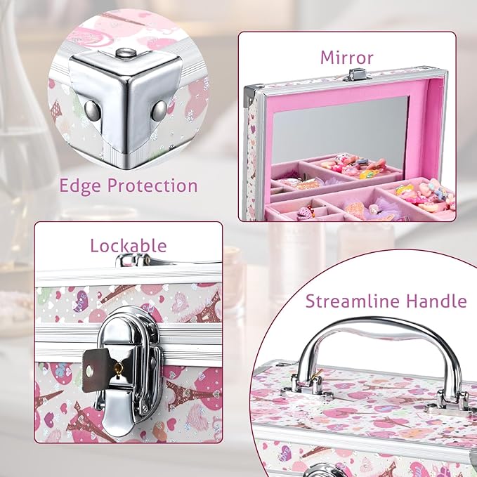 Hododou Girls Jewelry Box Organizer with Drawer & Mirror, Shiny Pink Style Lockable Storage Case for Kid or Little Girls Jewelry and Hair Accessories Pink Tower