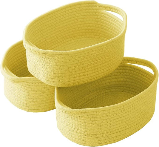 JMvicyroam Woven Basket,Small Rope Storage Bin with Handles & Ribbon Bag, Organizer for Shelves Closets,Gift Basket Empty for Birthday,Books,Dog Toys, Yellow/3 Pack