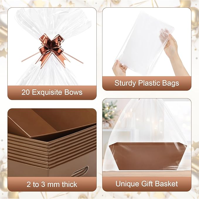 AFOROEOA 20PACK Baskets for Gifts Empty, 12x10x4” Thick Brown Gift Basket with Handles, 20 Bows & 20 Bags - Empty Gift Baskets for Christmas, Thanksgiving, Wedding, Birthday Party, Wrapping Gifts