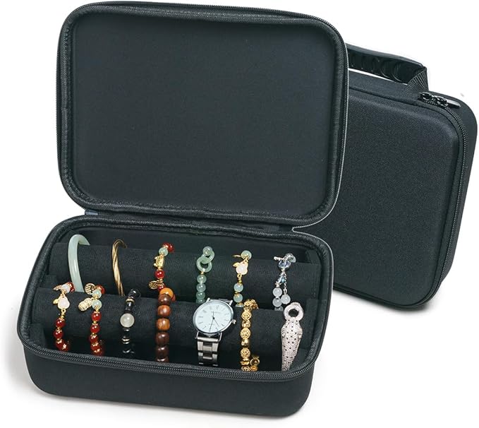 Portable Travel Jewelry Box Bracelet Display Holder with 2Rods for Watch Bangle Jewelry Organizer Storage Bag Women Men Black