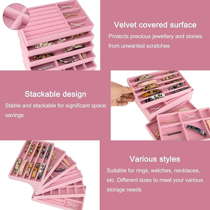 12Pcs Velvet Stackable Jewelry Trays, Jewelry Drawer Organizer, Large Removable Display Jewelry Tray, Necklace Bracelet Storage Box for Earring, Ring, Brooch, Watch (Pink)