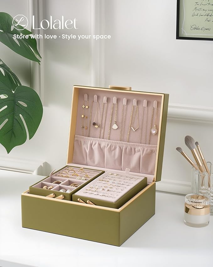 Lolalet Jewelry Box Organizer for Women Girls, 2 Layer Jewelry Organizers and Storage for Necklace Earrings Rings Bracelets, Large Jewellery Holder Case Birthday Mothers Day Gifts -Olive Green