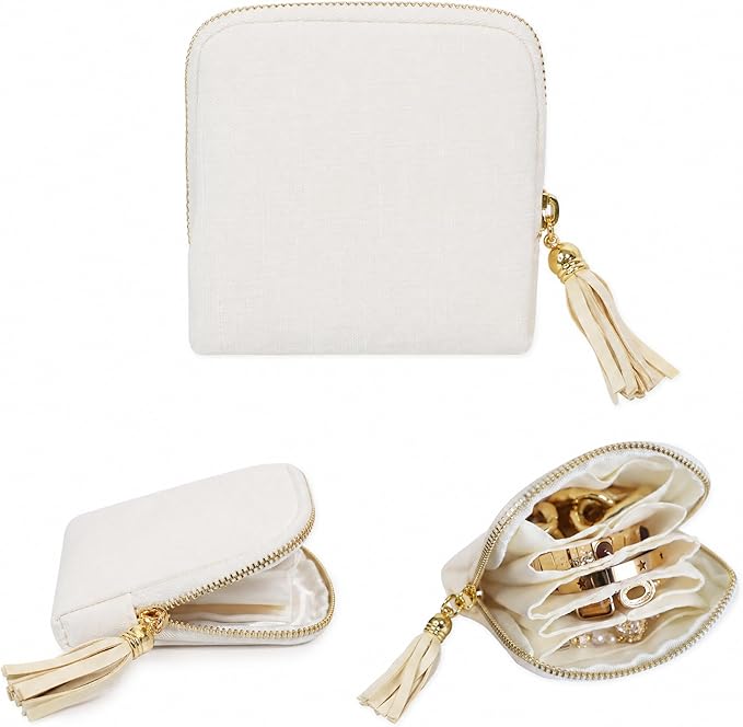 Stratalife Travel Jewelry Case Organizer for Women Portable Jewelry Box with Small Pouches for Gemstones Healing Crystal Bracelets, Necklace Bangles Storage, Pendants Ring Holder Zipper, White Tassel