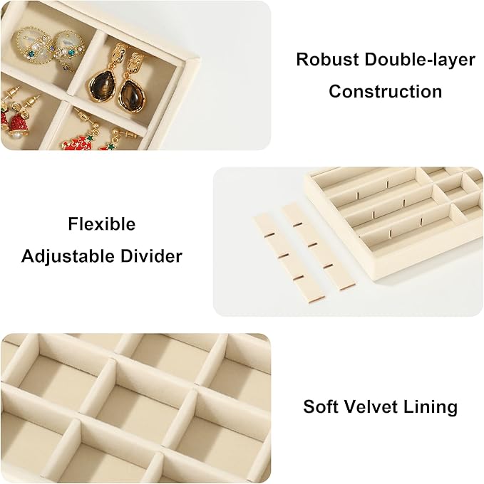 Frebeauty 24 Grid Earring Holder Organizer Tray, Jewelry Organizers and Storage for Drawer,Velvet Jewelry Display Storage for Earrings,Rings,Studs,10.5 x 6.5 x 1.2 Inches Gift for Women (Beige)