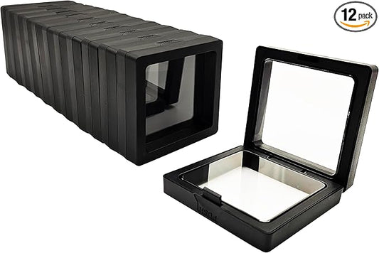 12PCS 3D Floating Frame Display Stand, Jewelry Box, Gift Box, Ornament Organizer, Small Travel Jewelry Box, PE Film Anti-Oxidation, Suspended Display Box Stackable (Black, 2.75*2.75)