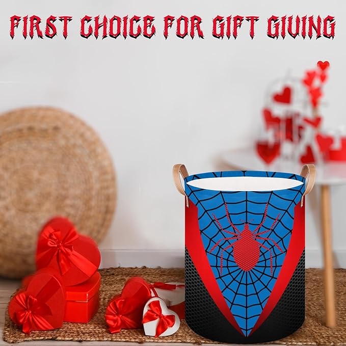 Blue Spider Web Large Laundry Hamper Basket, Round Collapsible Storage Organizer Bin for Kids, Boys, Nursery, Closet, Bedroom, Playroom, Toys, Dirty Clothes, 16"W x 20"H