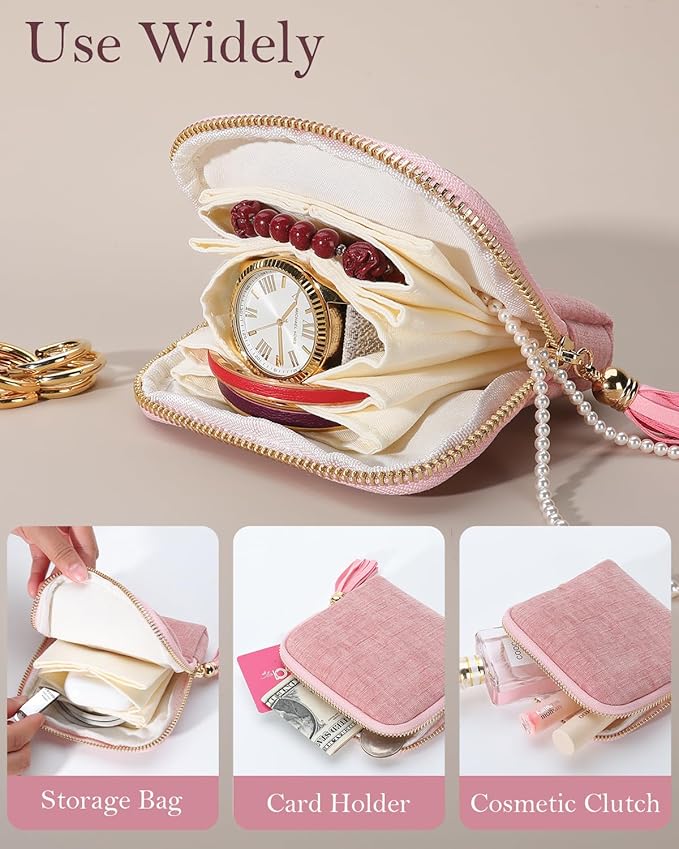 COOLYOUTH Travel Jewelry Case Organizer for Women Portable Jewelry Box with Small Pouches Mini Jewelry Bag for Rings, Bracelets, & Bangles with Smooth Metal Zipper (Pink)