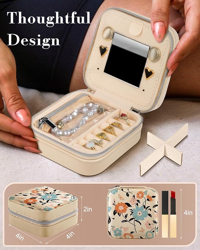 Bistup Travel Jewelry Case - Small Jewelry Organizers and Storage Box for Women Girls Teens Cute Traveling Jewelry Holder with Mirror Little Tiny Compact Blue Floral Modern Unique Aesthetic Pretty
