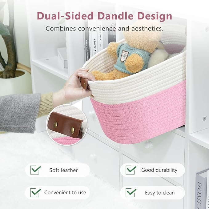 ECDYQXVU Cotton Rope Basket, Storage Baskets with Handle, 15x10x9 Inch Woven Basket for Shelves, Laundry, Towels, Clothes, Books (White/Pink 1Pack)